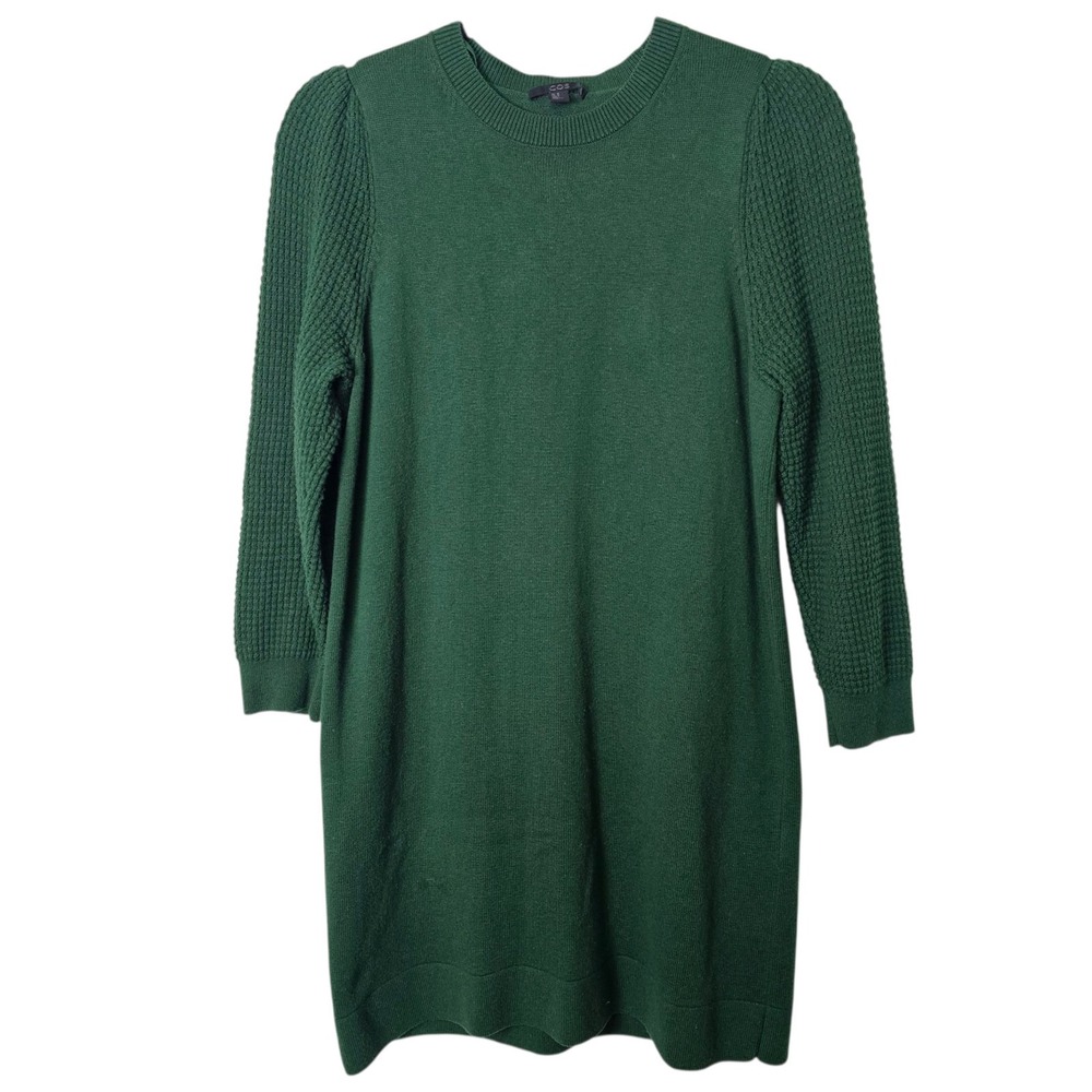 COS Green Wool Cotton Blend Sweater Dress Raglan‎ Sleeve Crew Neck Knee Medium